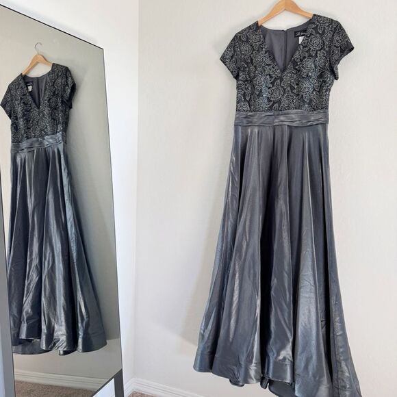 La Femme 26447 Two Tone Satin A-Line V-Neck Gown Platinum Silver Gray - Picture 2 of 16